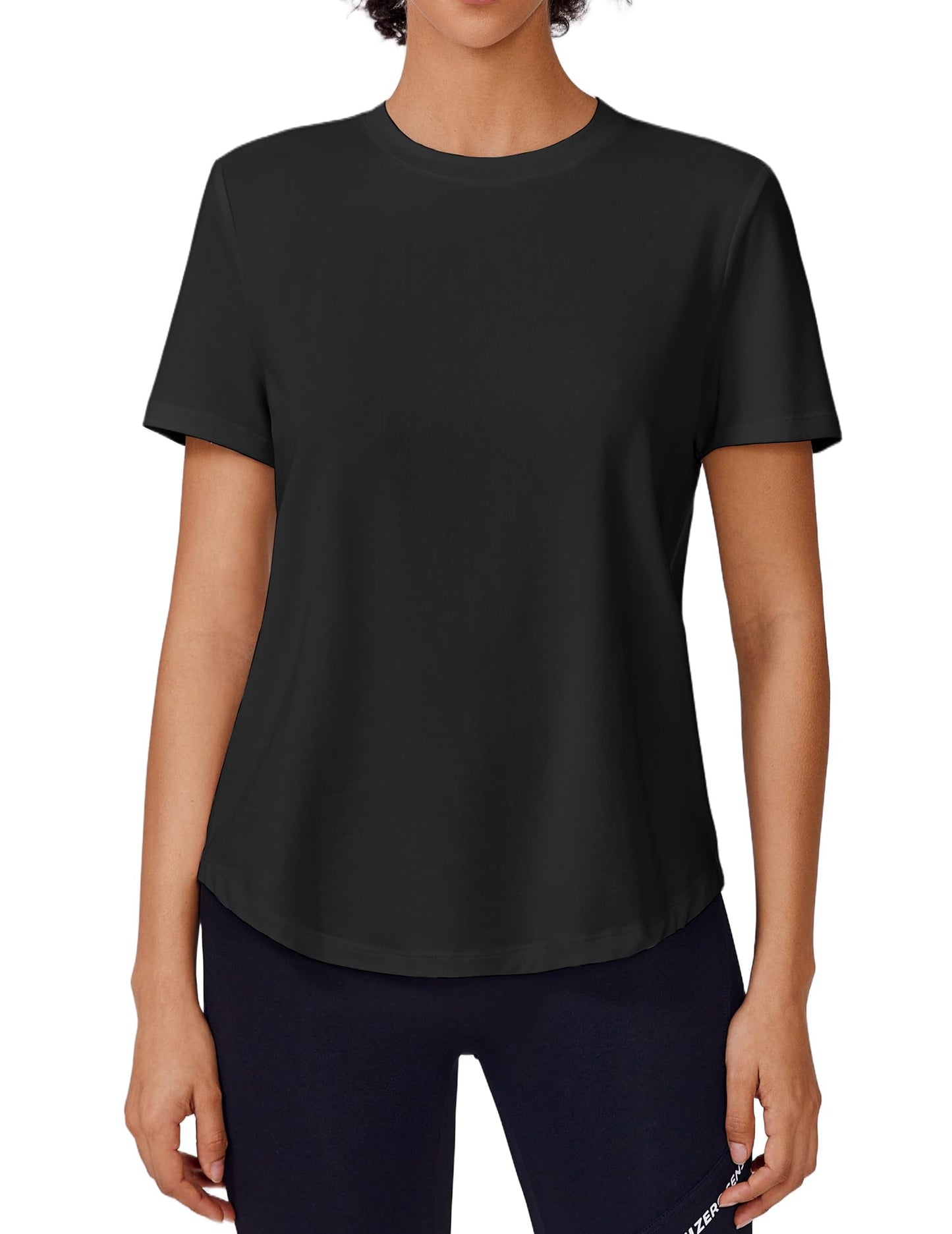 PINSPARK Workout Tops for Women Soft Shorts Sleeve Sun Protection Gym Plain Shirts Soft Breathable Crewneck Athletic Summer Top,Black Large