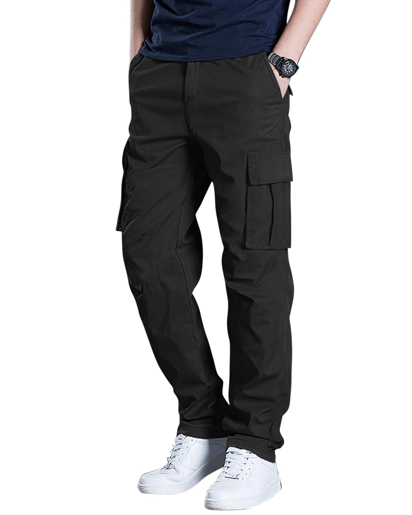 DOWMQ Men's Cargo Pants Stretch Sweatpants Elastic Drawstring Casual Workout Joggers Hiking Tactical Pants with 6 Pockets Black,L