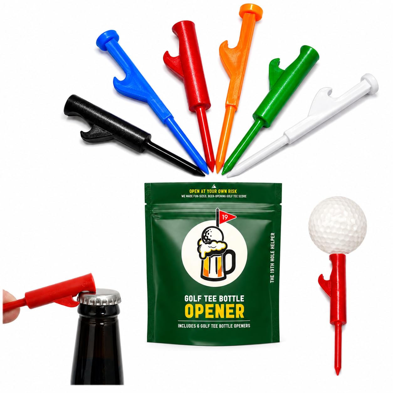 Golf Tee Bottle Beer Opener - Funny Golf Tee 6 Pack Gift for Men and Dads, Bachelor Party Novelty Gift for Golf Outings, Party Favor, Trips, Tournaments | The 19th Hole Helper