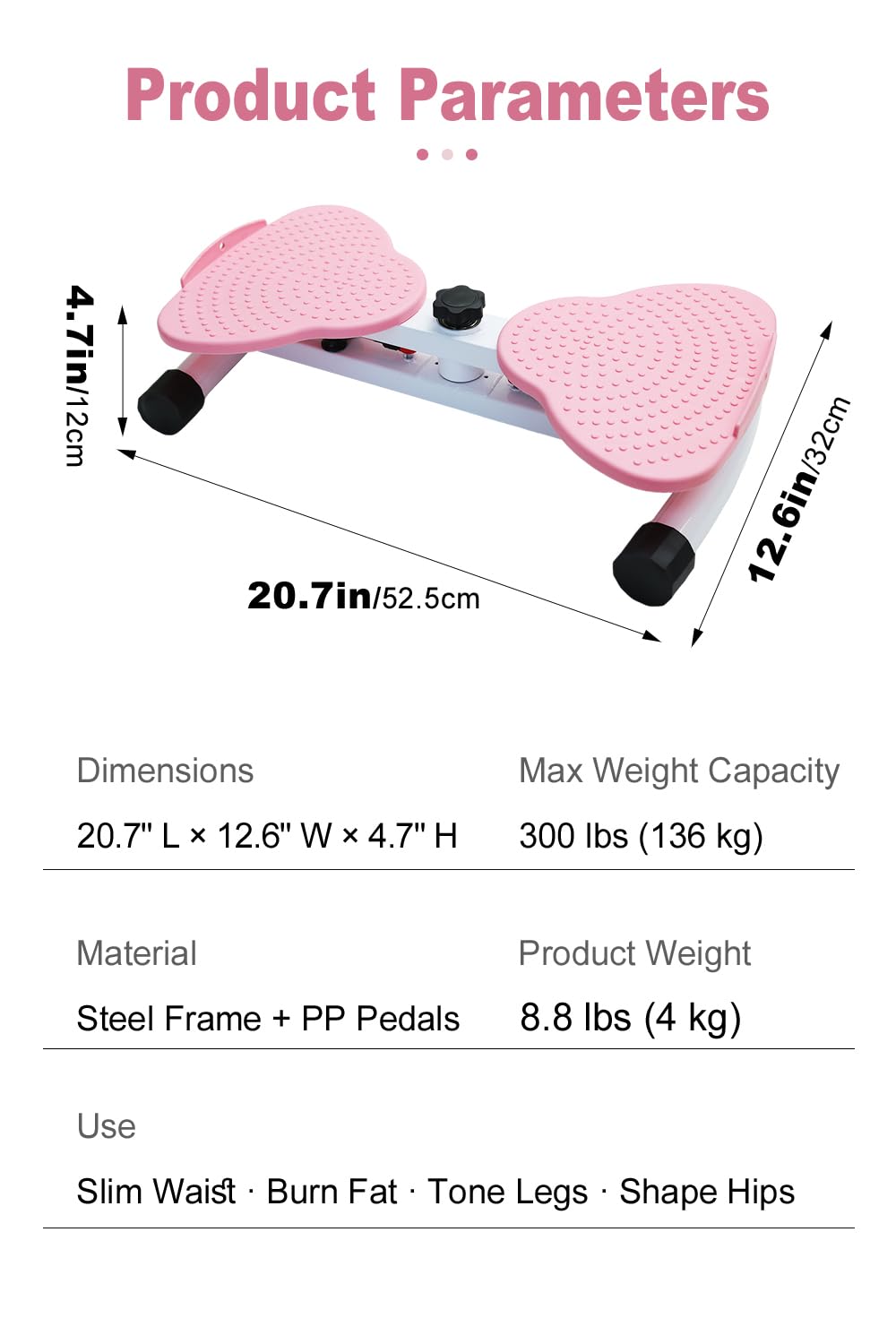Waist Twister Machine Exercise, Adjustable Waist Twistting Fitness Tool with 300 lbs Weight Capacity, Abs Workout Equipment for Slim Waist and Core Ab Exercise, Noiseless Home Ab Twister Board for Women & Men, Pink