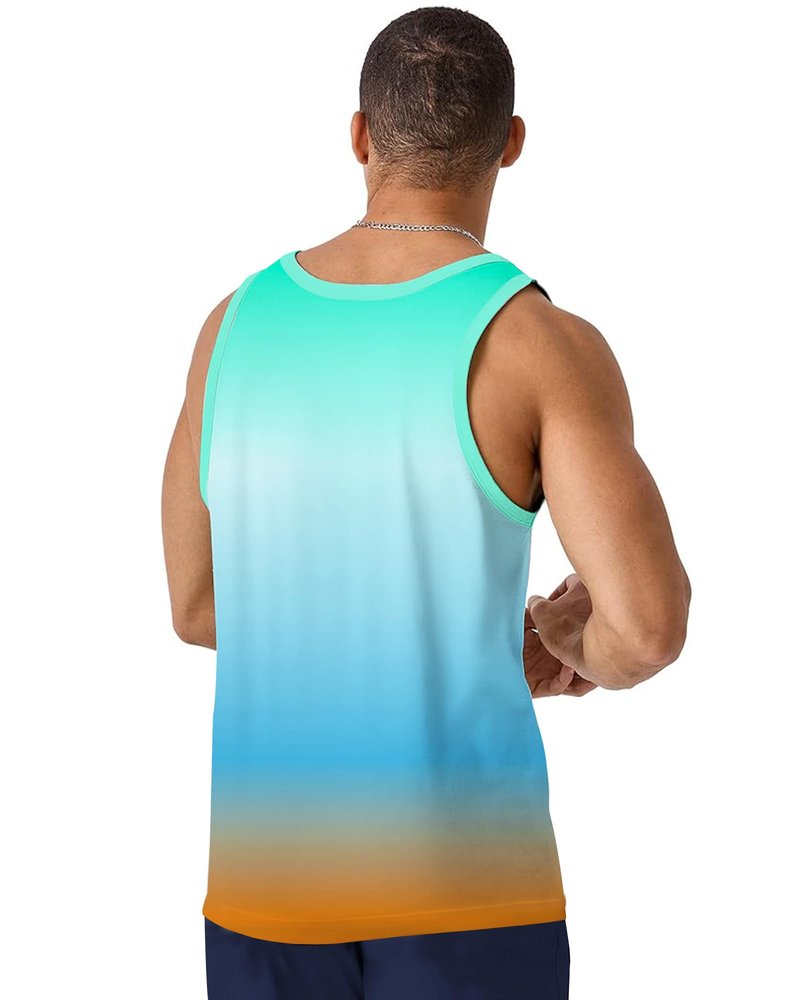 Nidoul Mens Beach Tank Tops Summer Graphic Palm Tree Sleeveless Shirts for Men Vacation Gym Running Workout Tank Top, Retro Blue Orange L