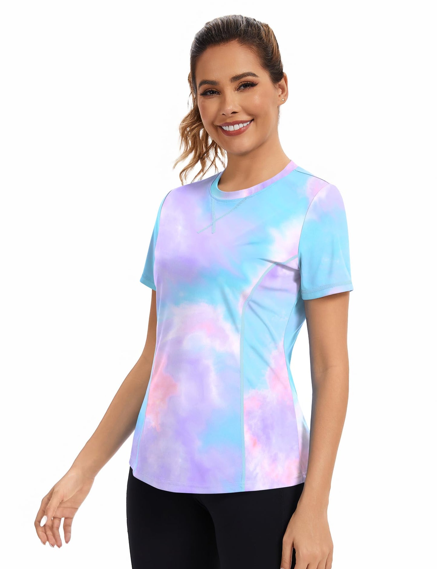 Avoogue Short Sleeve Workout Tops for Women Athletic UPF 50+ UV Protection Shirts Rashguard Pilates Gym Shirts(Colorful Tie Dye,L)