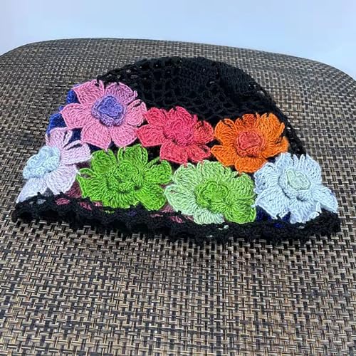 CORIRESHA One Size Black Crochet Flower Beanie Hat for Women – Handmade Cotton Summer Slouch