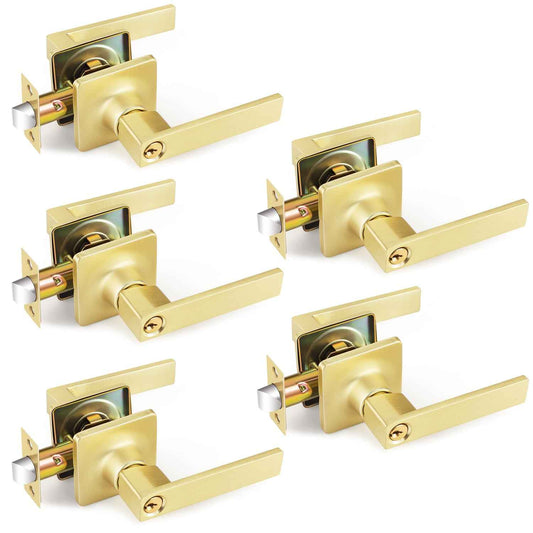 5 Pack Door Knobs Interior, Bedroom Locking Door Knob, Satin Brass Entry Door Handles, Gold Door Lever Same Key, Reversible for Left Right Sided Doors