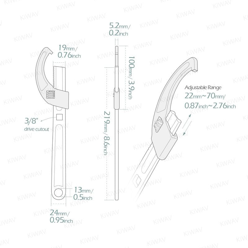 KiWAV Adjustable Steering Stem Wrench 22-75MM – Universal 2-in-1 Spanner with 3/8 Torque Wrench Drive Cutout – Durable Alloy Steel, Rust-Resistant Motorcycle Tool