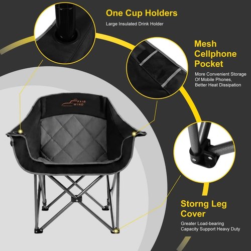 Fair Wind Oversized Padded Camping Chair - Heavy Duty Quad Fold Arm Chair, Supports 500LBS, Black - 2 Pack