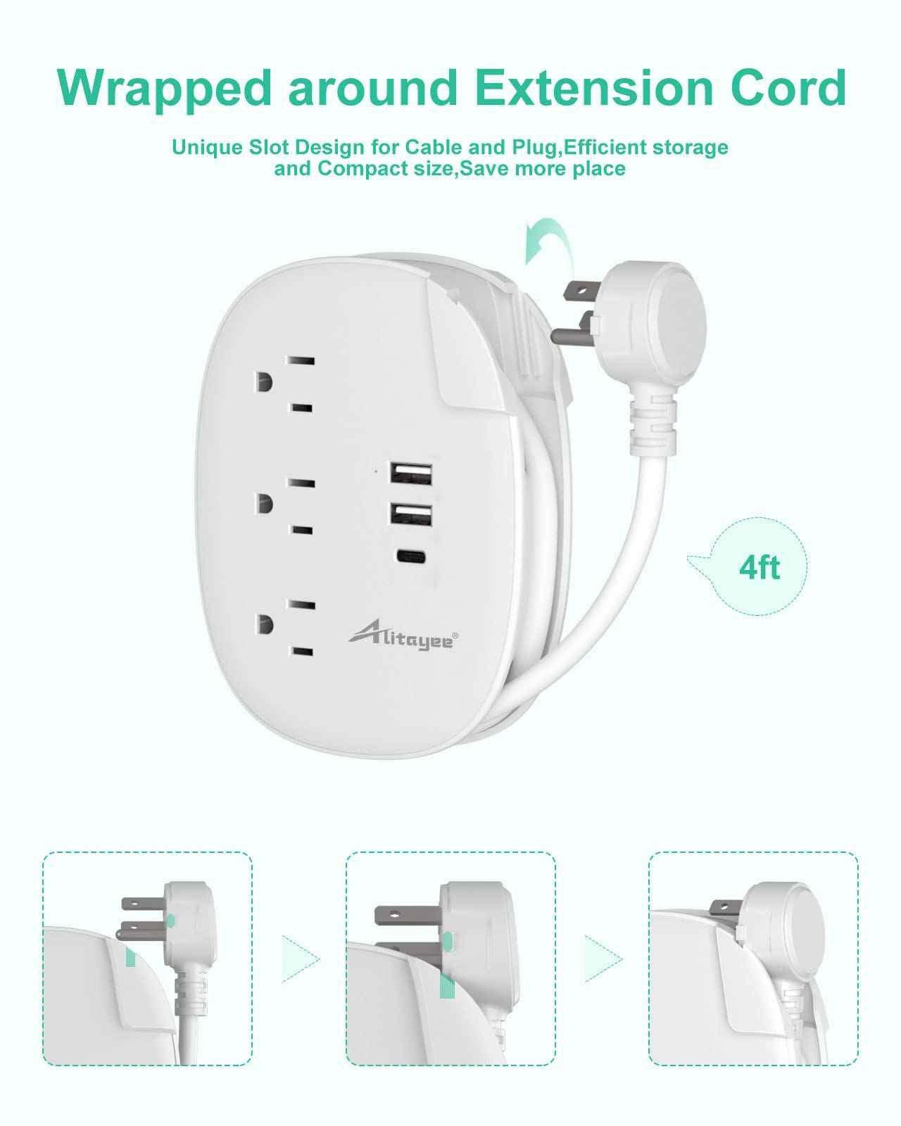 Alitayee USB C Travel Power Strip,Portable Power Strip with 3 Outlets 3 USB Ports Fast Charge, USB Extension Cord with Flat Plug and 4ft Wrapped Around Extension Cord for Cruise Travel Home Office