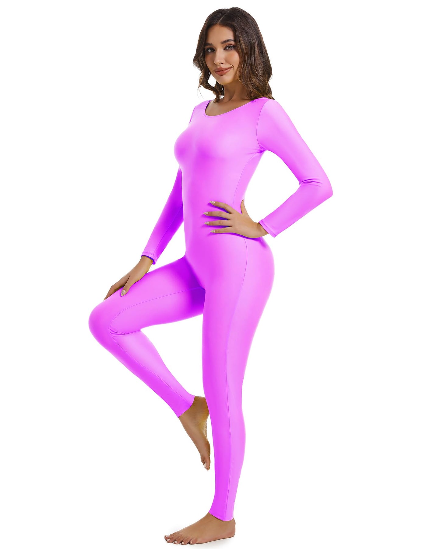 Aoylisey Adult Long Sleeve Plus Size Unitard for Women One Piece Dance Bodysuits 1201 (Hot pink, M)