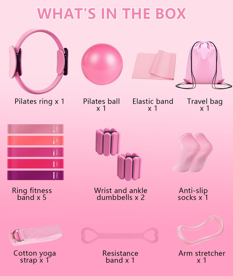 Pilates Ring Set with Adjustable Resistance, Full Body Workout Kit for Women, Portable Travel Bag (Pink)