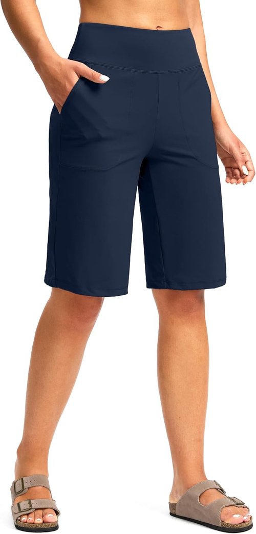 G Gradual Women's Bermuda Shorts - High Waisted, Knee Length with Pockets | Casual Stretch Design