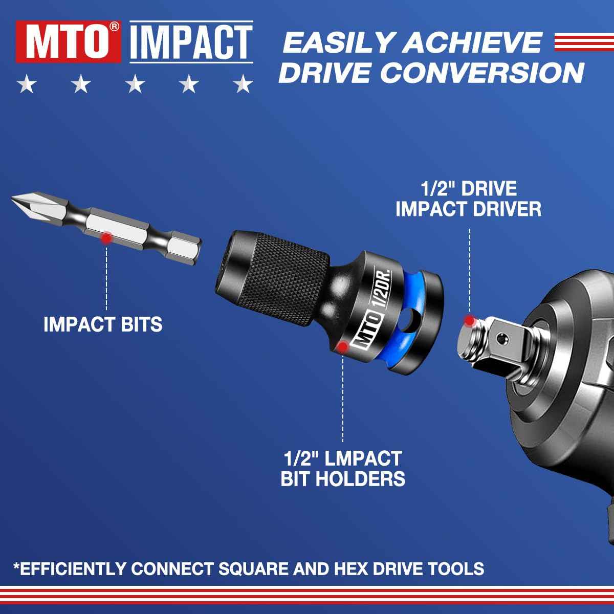 MTO 1/2 3/8 1/4-Inch Square Drive to 1/4-Inch Hex Socket Adapter, 3PCS Quick Release Impact Bit Holder, for Impact Wrench Ratchet, CR-MO