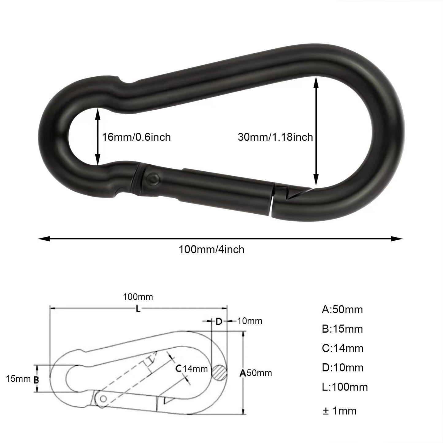 4 Inch Carabiner Clip Spring Snap Hook Black Heavy Duty Steel Clip Link Buckle 10x100mm 2pcs for Hammock Punching Bags Swing Chairs Gym Equipment Camping Hiking