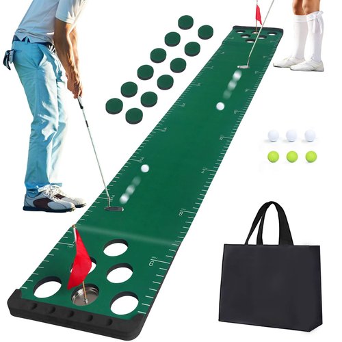 Chriiena Golf Putting Game Set, Putting Green Pong Game Mat Include 6 Balls, 1 Portable Bag, 2 Flags & Cups for Indoor Outdoor Backyard Party Use (Green)