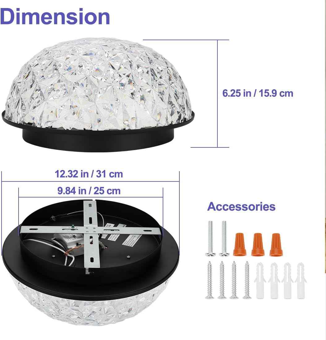 12" Dimmable Modern Crystal Chandelier - LED Flush Mount Ceiling Light for Dining Room, Entryway, Kitchen & More - ETL Listed Black