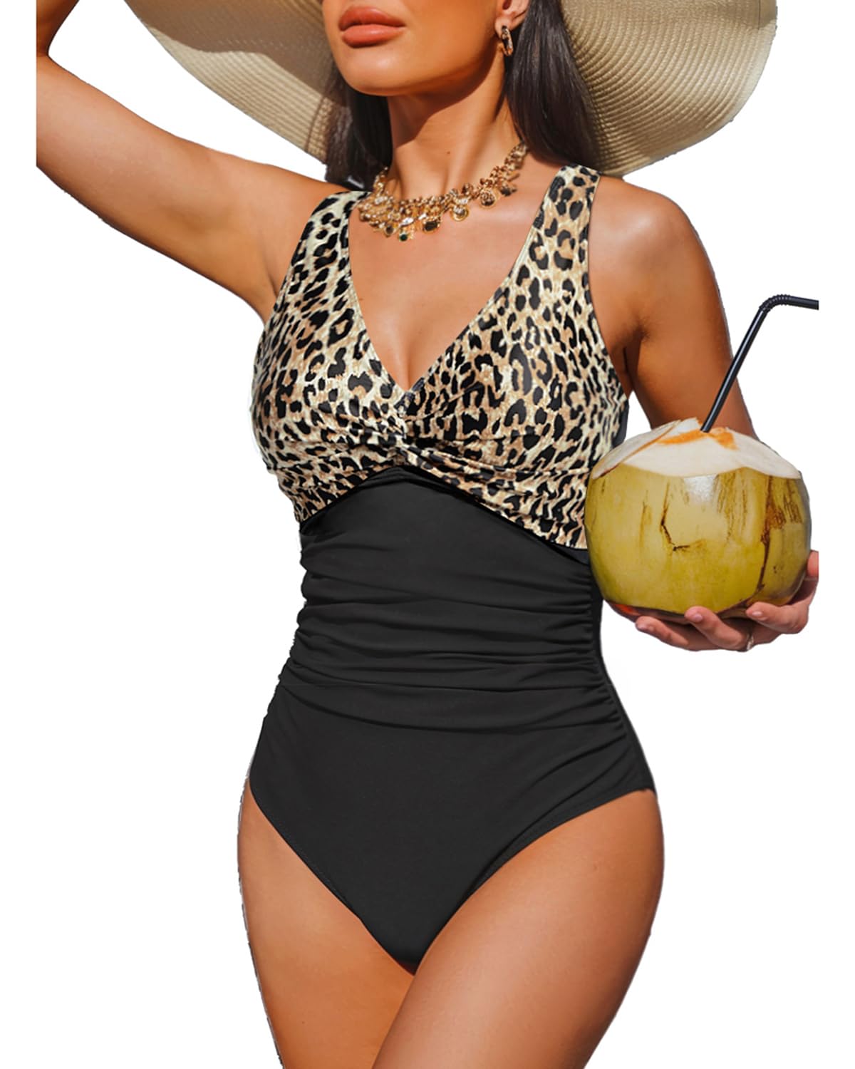 Holipick Black Leopard Women Tummy Control One Piece Swimsuit - Push Up Bathing Suit Full Coverage Slimming Swimwear M