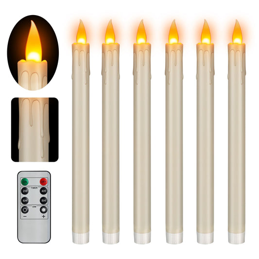 wemarry Flameless Taper Candles Realistic Flickering Flame, Battery Operated, Remote Control with Timer, Safe for Kids & Pets, Ivory, 10-Inch, Pack of 6 Ideal for Home, Weddings & Parties