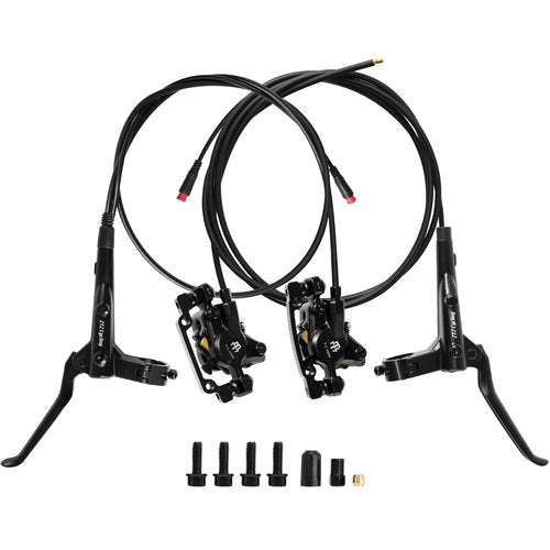 Exceedhub E-Bike Hydraulic Disc Brake Set, 2-PIN 2-Pistons Electric Power-Off Hydraulic Brakes Set, Left Front 950mm Right Rear 1880mm Pre-Bled with Mineral Oil Brakes Kit for eBike, MTB, Scooters