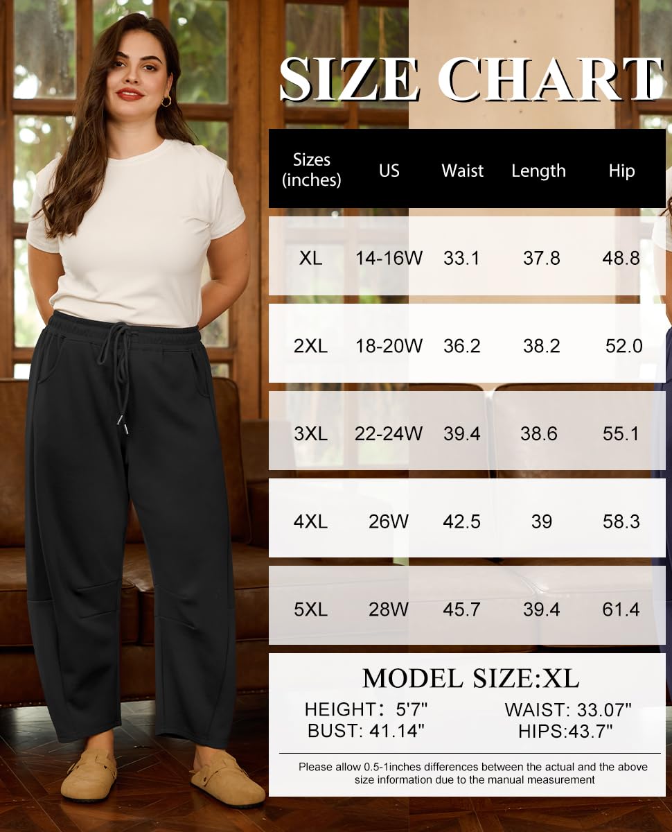 RITERA Plus Size Pants for Curvy Women Black Barrel Leg Sweatpants Womens Drawstring Wide Leg Sweat Pants Elastic Waist Joggers Athletic Pant Causal Lounge Palazzo Trousers with Pockets 2XL 18W 20W