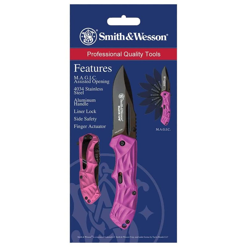 Smith & Wesson Black Ops SWBLOP3SMP Pink 5.8in S.S. Assisted Opening Knife with 2.5in Drop Point Blade and Aluminum Handle for Tactical, Survival and EDC