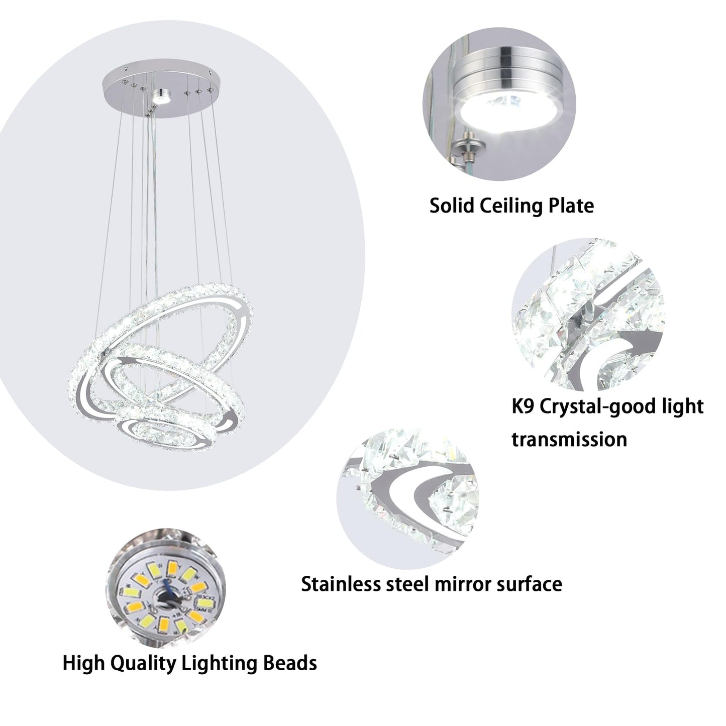 FRIXCHUR LED Chandeliers Crystal Chandelier Modern Ceiling Light Fixture 3 Ring Adjustable Pendant Light Chandelier for Bedrooms Living Room Dinning Room (Cool White)