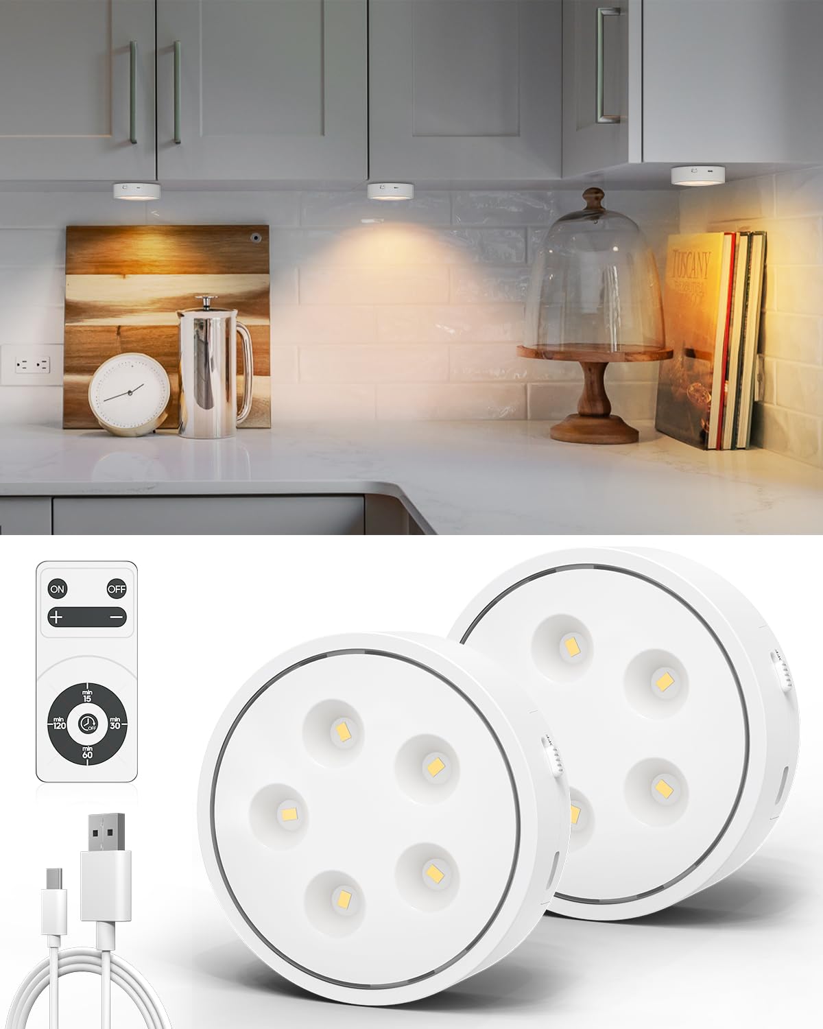 Puck Lights with Remote Control,Under Cabinet Lighting Magnetic,LED Closet Lights Rechargeable,Dimming Tap Light, Stick on Lights, for Closet, Bedroom Wall, Under Cabinet(Warm Color)2 Pack