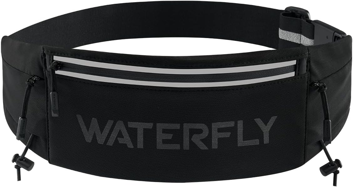 WATERFLY Running Belt - Breathable 3-Pocket Fanny Pack for Men & Women | Fits All Phones - Black