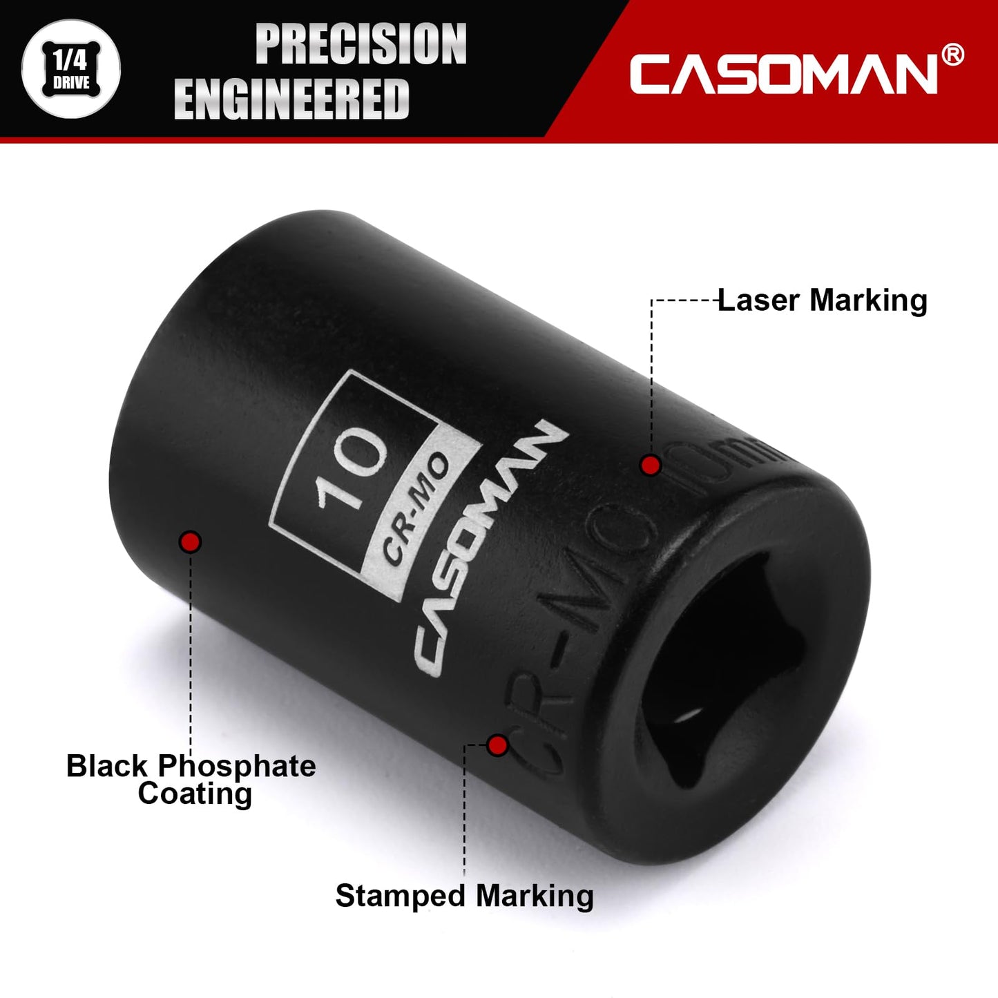 CASOMAN 1/4" Drive 10mm Shallow Magnetic Impact Socket, Metric, 6-Point, CR-MO with Black Phosphate Finish