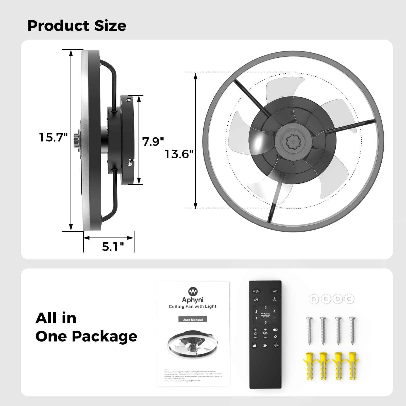 Aphyni Ceiling Fans with Lights and Remote, 15.7" Black Low Profile Ceiling Fan, Modern Flush Mount LED Fan Light, 6 Wind Speeds Fandelier Ceiling Fan with Light for Bedroom, 3000-6500K Dimmable