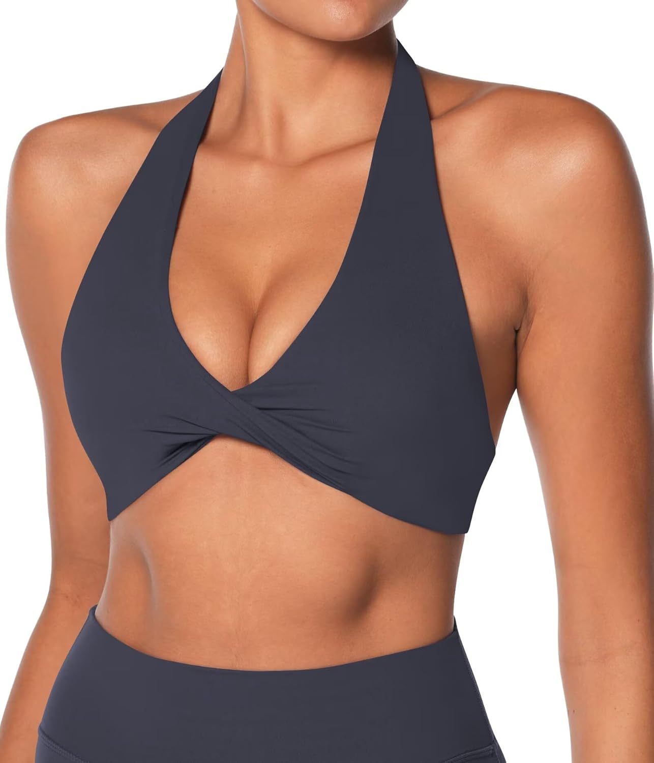 Sunzel Women's Sports Bra - Halter Neck Twist Front Yoga Crop Top with Removable Pads | Open Back V Neck Design