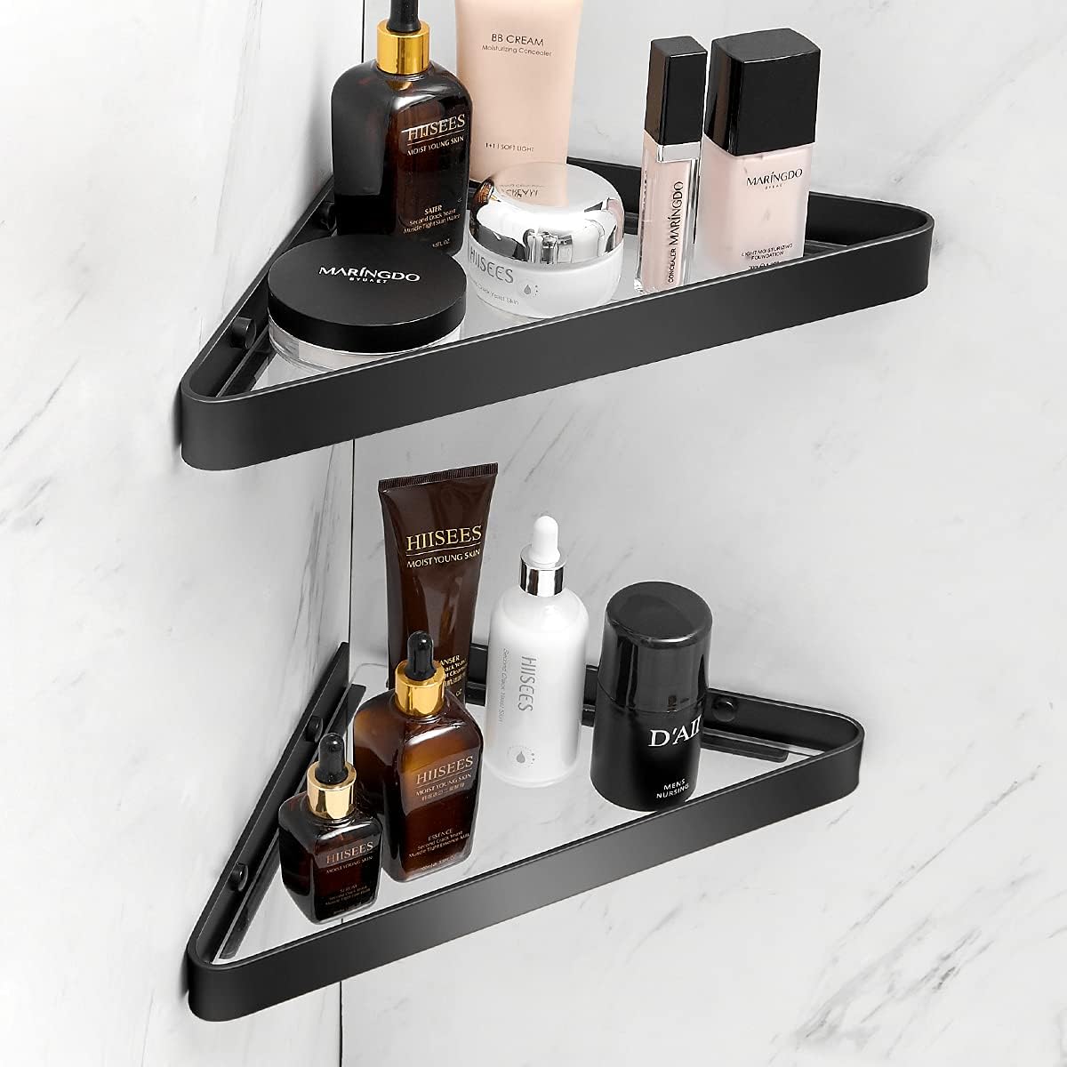 Wall Mounted Glass Bathroom Shelves - 2-Tier Floating Organizer in Black