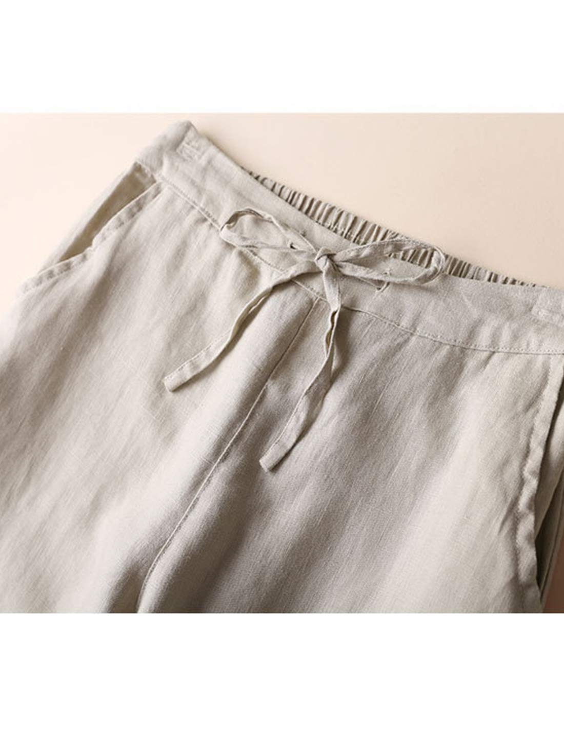 Tanming Linen Pants for Women Summer Casual High Waisted Drawstring White Beach Pant (Khaki, M)