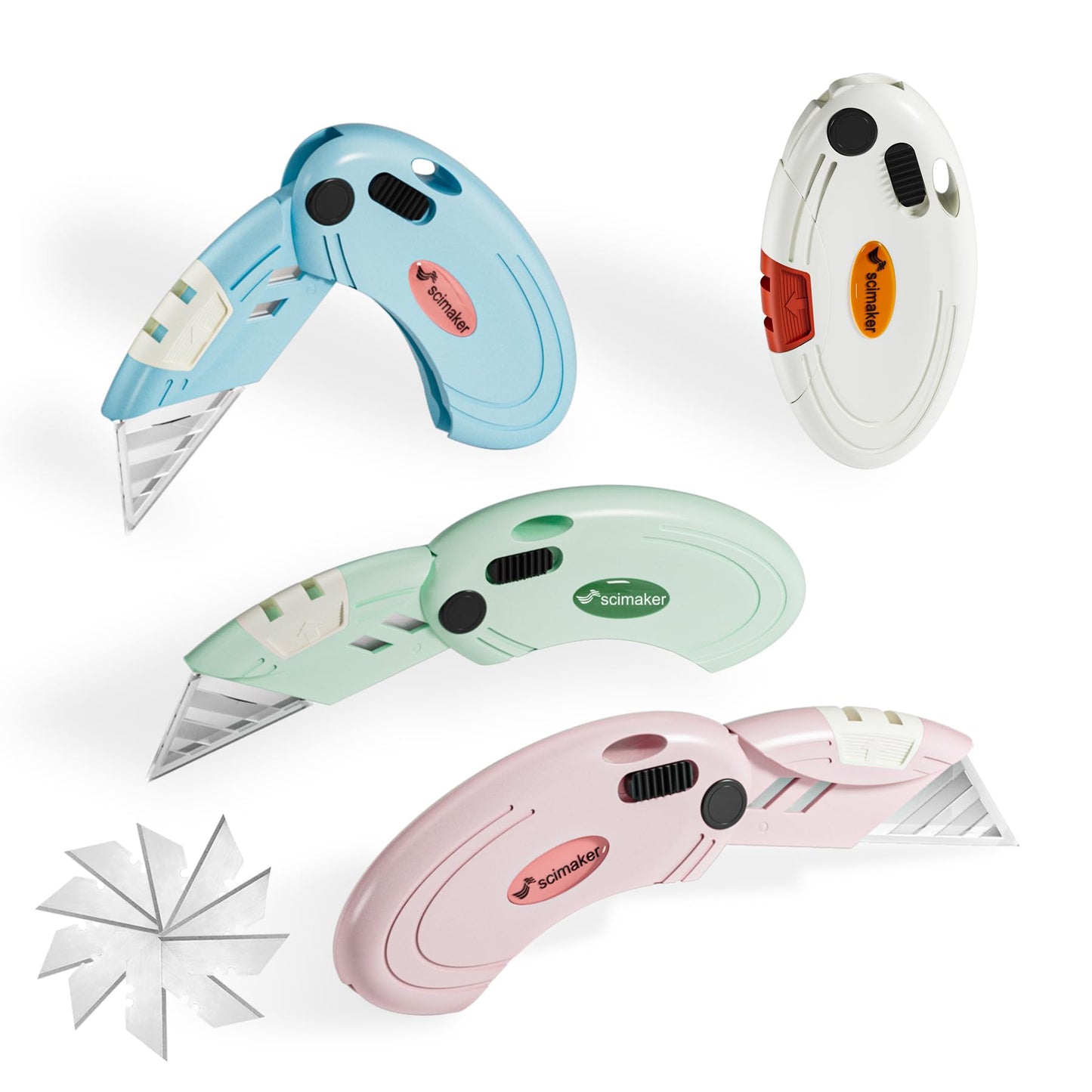 Scimaker 4-Pack Folding Box Cutters Lightweight Utility Knives Set Perfect for Office and Home Use, Back-lock Mechanism with Extra 10-Piece Blades