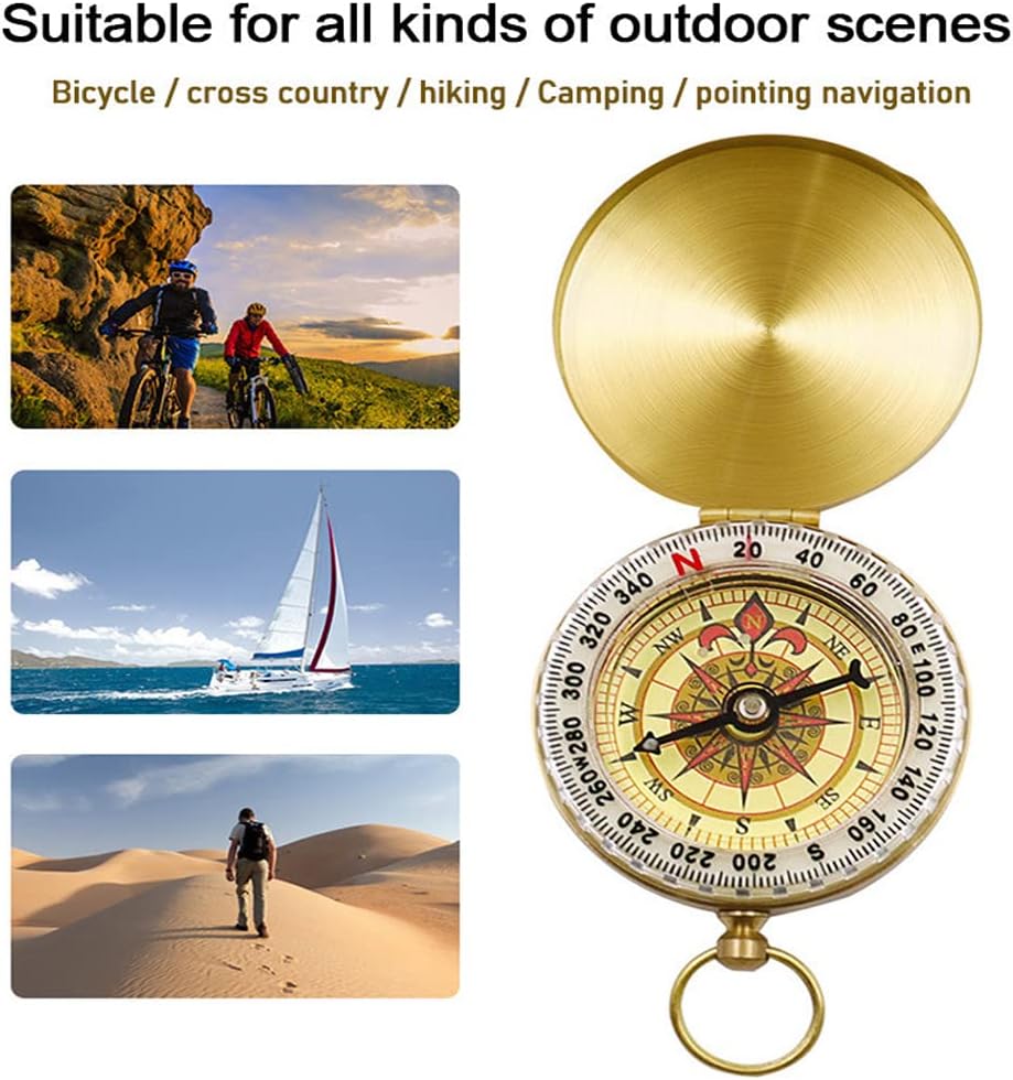 Skiennix Camping Survival Compass - Glow in The Dark Waterproof Vintage Metal | Small Golden Pocket Compass for Kids