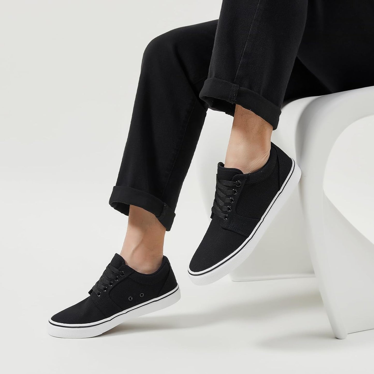 BENPAO Men's Casual Sneakers - Stylish Low Top Lace-Up Canvas Shoes in All Black