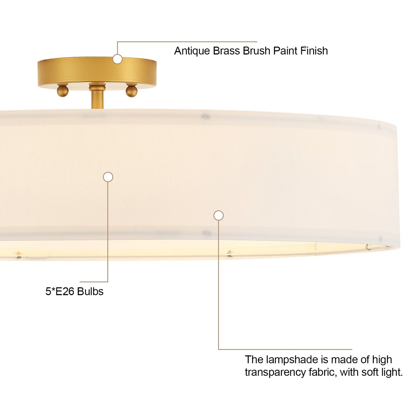 VILUXY Gold Semi-Flush Mount Ceiling Light Fixture with 24" Large White Fabric Drum Shade 5-Light for Bedroom Dining Room Entryway Round Ceiling Lamps