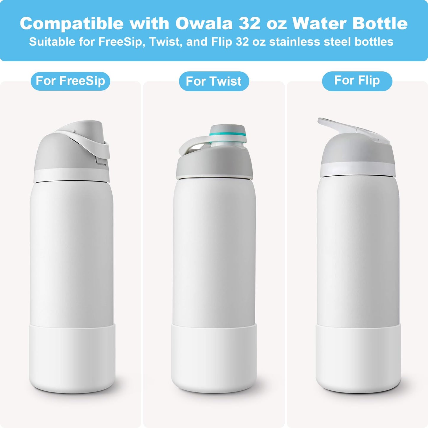 Alwenid 2PCS Silicone Water Bottle Boot for Owala 32 Oz, Anti-Slip Protective Sleeve Bottom Bumper Protector for FreeSip, Twist, and Flip Stainless Steel Water Bottles (White)