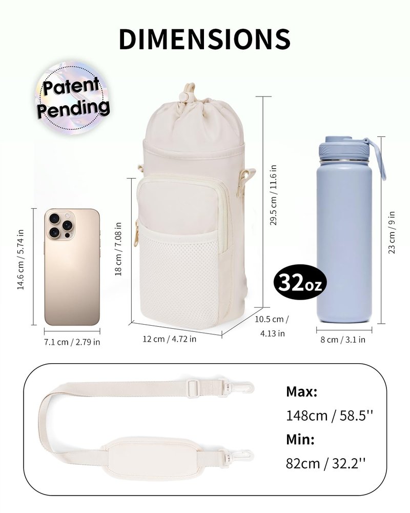 sportsnew Water Bottle Carrier Bag 32 OZ Water Bottle Holder Bag with Drawstring Closure Adjustable Shoulder Strap Insulated Water-Resistant Bottle Bag for Walking Hiking, Black Patent Pending