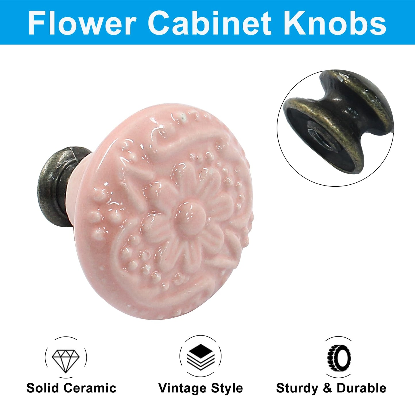 Piutouyar Ceramic Kitchen Cabinet Knobs, Pink, 10Pcs, 1.3Inch Diameter, Retro Style