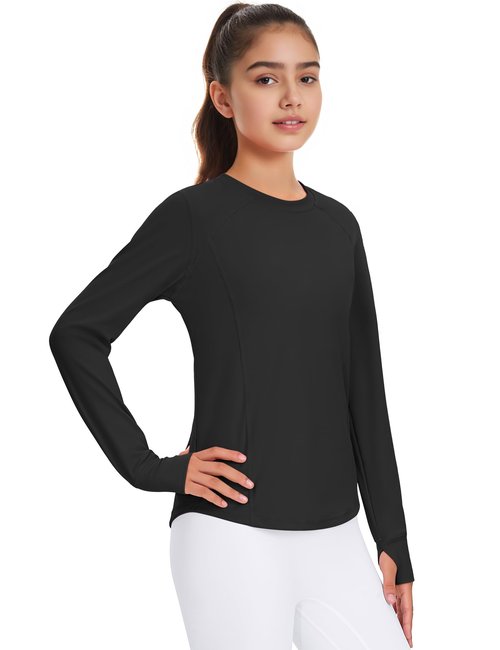 JOCMIC Girls Long Sleeve Shirts Athletic Shirt with Thumbholes Kids Crew Neck Basic Tee Tops for Sports Gym Yoga Black 11-12 Years