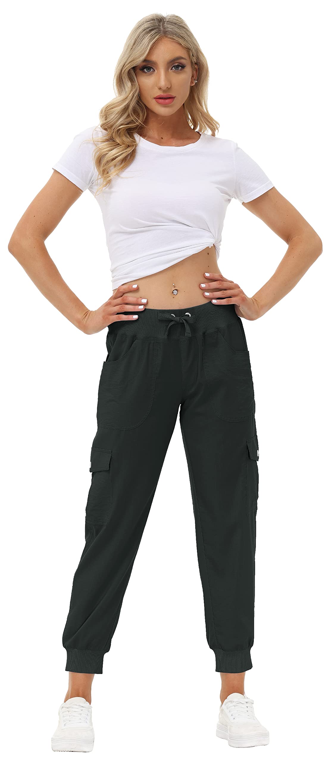MoFiz Women Cargo Pants with Pockets Lightweight Outdoor Summer Travel Casual Hiking Pants Running Joggers Sweatpants Elastic Waist Dark Grey M