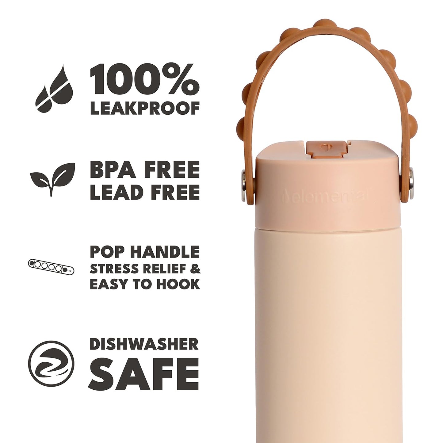 Elemental Insulated Kids Water Bottle, Stainless Steel Water Bottle with Straw Lid & Pop-It Handle, Leak-Proof Water Bottles for School, Boys or Girls, Travelling and Sports, 18oz - Beige