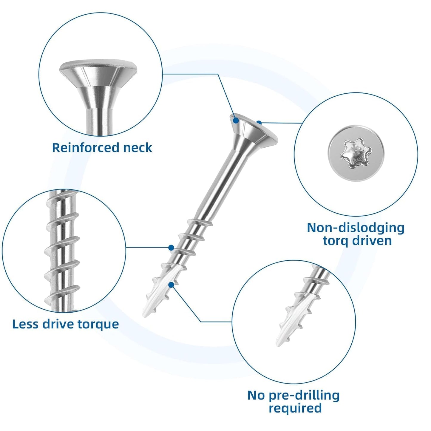 WELLOCKS Deck Screws 304 Stainless Steel #8×1-5/8" 100 PCS with T25 Star Torx Drive Flat Head Wood Screws High Corrosion Resistance for Outdoor Wood Fence(SS8158A)