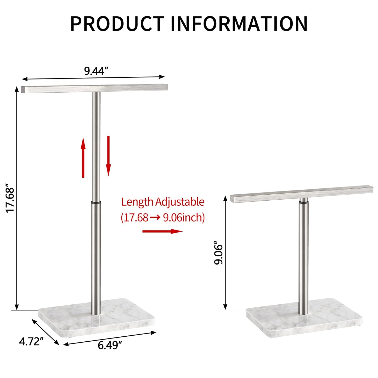 Hand Towel Holder Stand, T-Shape Hand Towel Rack for Bathroom, Hand Towel Stainless Steel for Kitchen Vanity Countertop, Marble Base Brushed Adjustable 9.06" -17.68"