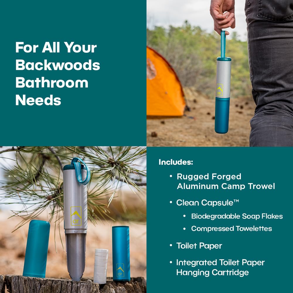 AR Backpacking Trowel Toilet Kit - Includes Aluminum Camping Shovel, Toilet Paper, Packout Bags, Soap Flakes & Compressed Towelettes