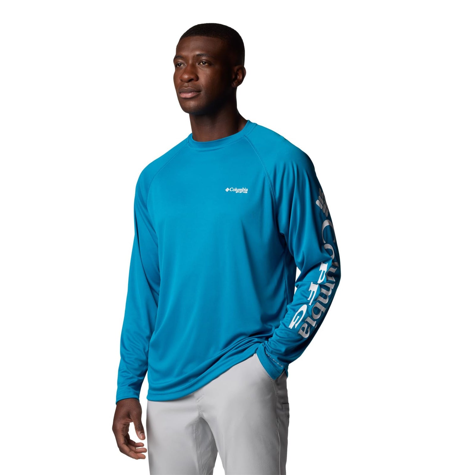 Columbia Men's PFG Terminal Tackle Long Sleeve Fishing Shirt, Blue Echo/White Logo, X-Large Tall
