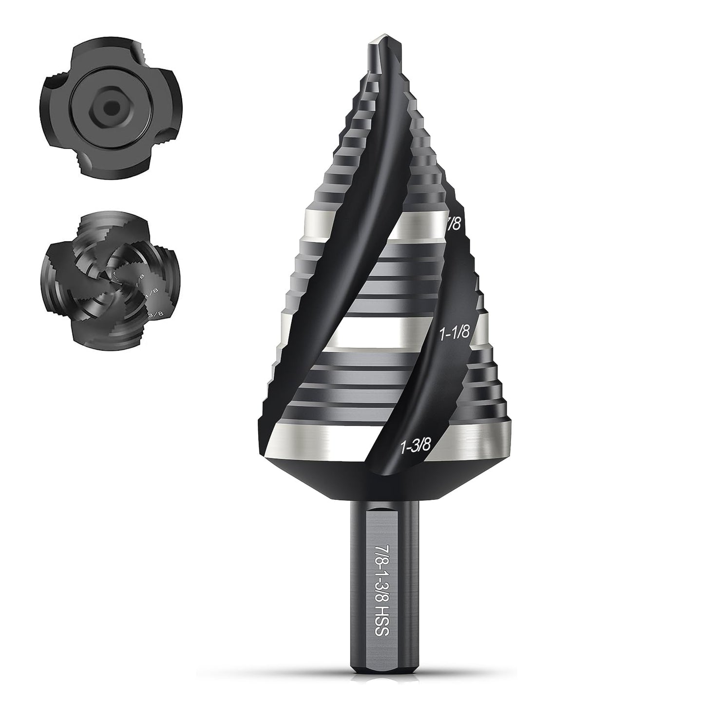 THINKWORK Four Spiral Flute Step Drill Bit, HSS Step Drill Bit3/16-1-3/8 (3 Popular Sizes) Unibit Step Drill Bit, 1/4" Shank Step Bits for Aluminum, Wood, Plastic, Metal