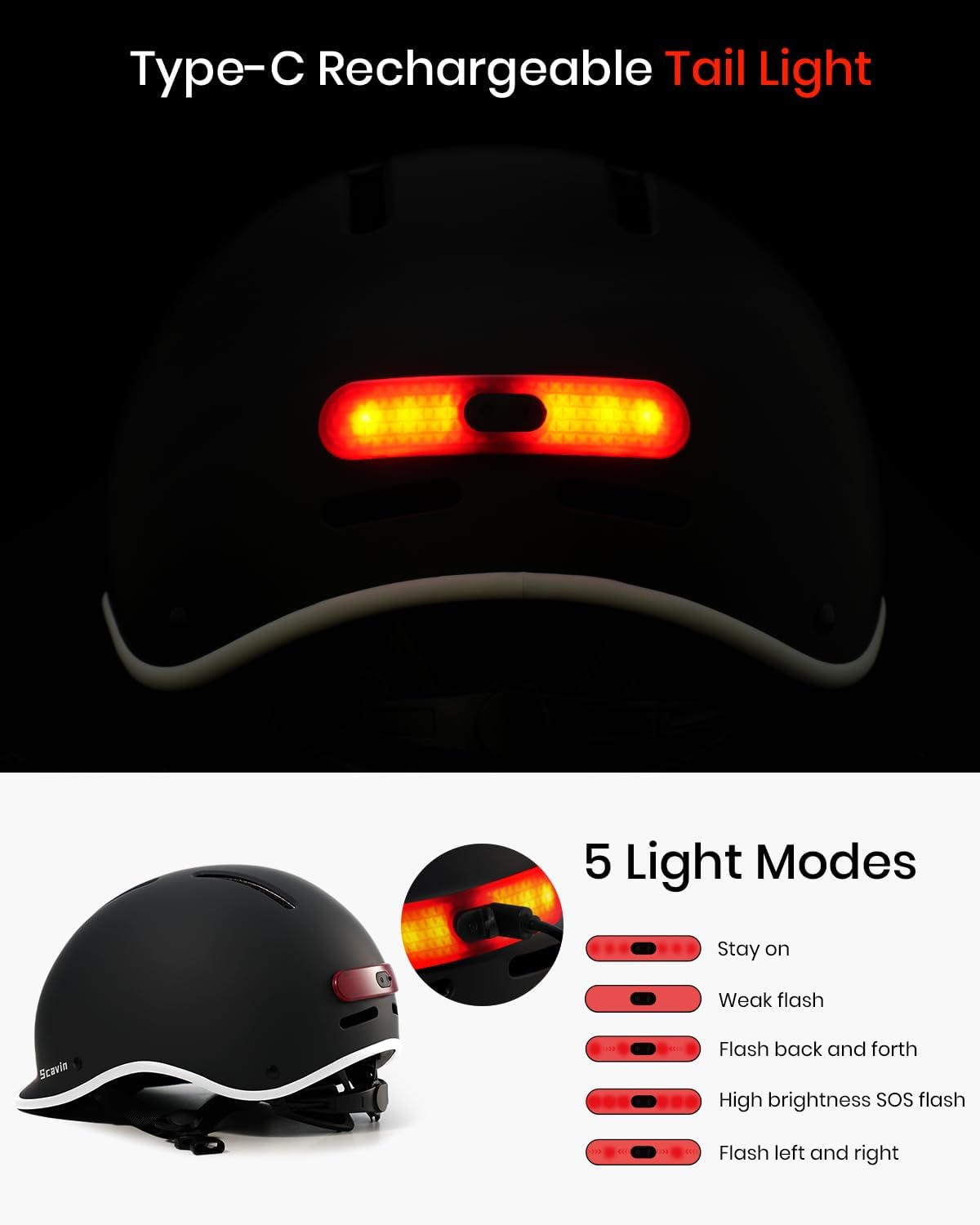 Skiennix Bike Helmet - Adjustable Cycling Helmet with Rechargeable Rear Light | Safety Certified for Adults