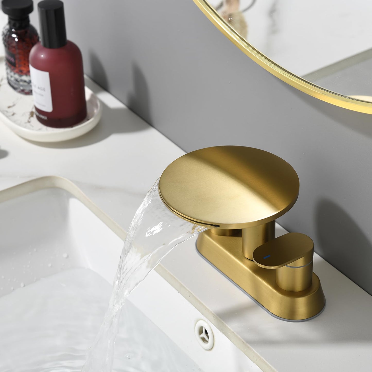 Brushed Gold Bathroom Sink Faucet 3 Hole，Waterfall Bathroom Faucet 4 Inch Centerset with Pop-Up Drain，2 Handle Stainless Steel Faucets for Bathroom Sink Vanity RV