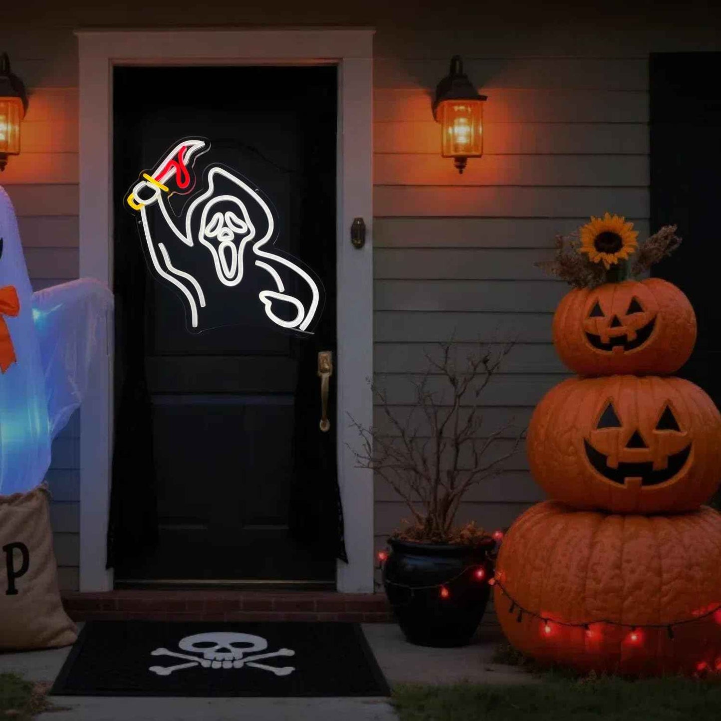 Halloween Ghost Face Neon Sign Decoration，Ghost With Knife Lights for Wall Decor Hanging Ghost LED Signs for Bar Bedroom Game Room Man Cave Neon Art Signs for Halloween Party