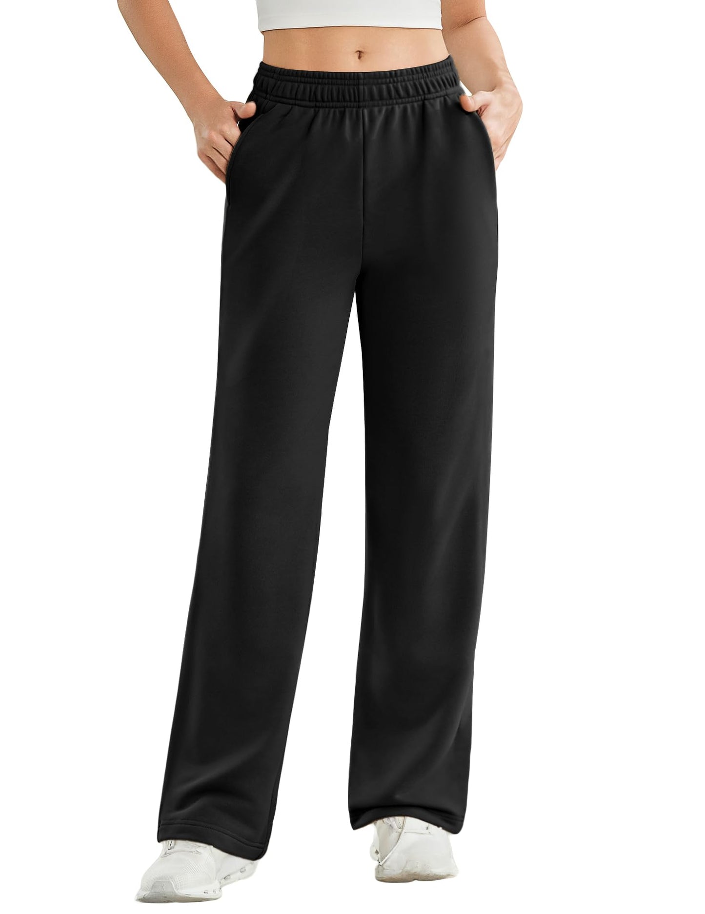 PINSPARK Straight Leg Sweatpants for Women High Rise Elastic Waist Casual Pants Warm Midweight Stretch Classic Stylish Sweat Pant with Pockets and Drawstring Large, Black